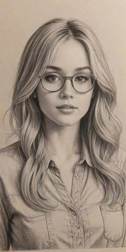 Alluring Hannah Montana, pencil sketch, portrait of Ravishing woman 1977s in glasses, hair style beatnik, outline, clear lines, fine lines, 8k