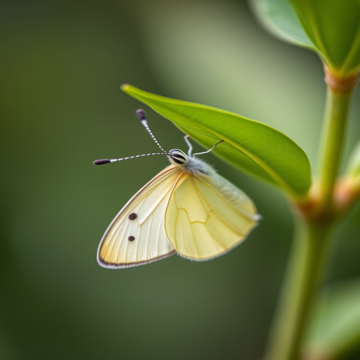 Macro shot of a pale yellow butterfly resting on a green leaf, with a shallow depth of field, focus on the butterfly, f/2.8 aperture, 1/250 sec shutter speed, ISO 100, natural lighting, DSLR camera.