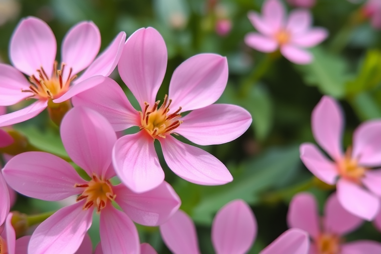Close-up of delicate pink flowers with green foliage in the background, taken with a DSLR camera, 50mm lens, aperture f/2.8, shutter speed 1/200 sec, ISO 100, natural light.