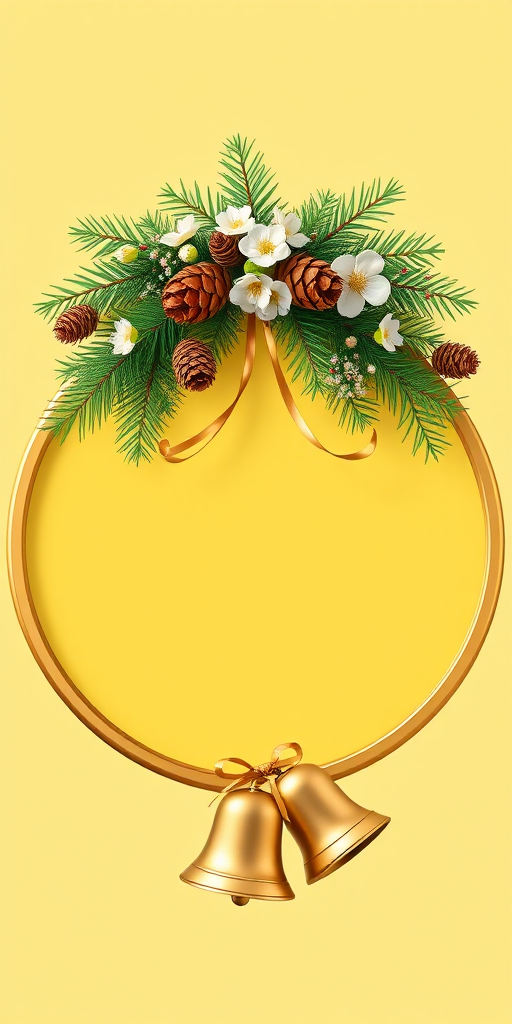 Create a festive round frame with gold edges, featuring green pine branches, white flowers, and pinecones at the top, two golden bells hanging down, and a blank yellow center for text, shot with a high-resolution DSLR camera using a 50mm lens at f/1.8, with bright lighting and a soft focus background.