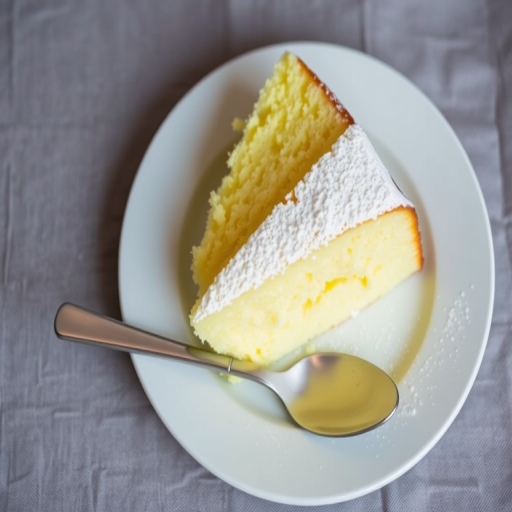 A slice of light and fluffy yellow cake on a white plate dusted with powdered sugar served with a silver spoon on a gray linen tablecloth.
