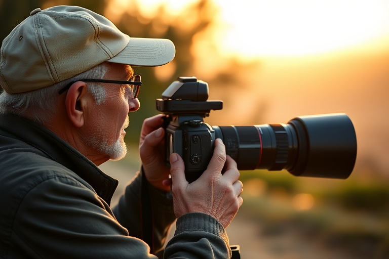 Capture an elderly man wearing a beige cap, looking at a distant view while holding a DSLR camera with a large telephoto lens on a tripod, shot at f/4 aperture, ISO 100, 1/200 sec shutter speed, in a natural outdoor setting during golden hour for warm lighting and soft bokeh.
