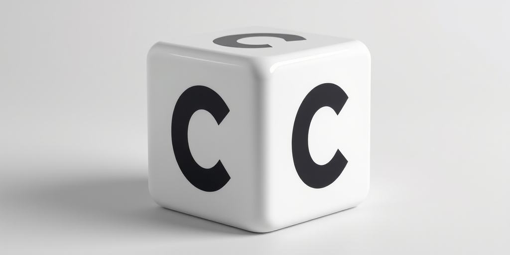 Create a 3D cube with a smooth, glossy surface, featuring a large black letter C on the top face and a large black letter C on the front face, illuminated with soft, even lighting, captured using a DSLR camera at f/8 aperture, ISO 100, and a focal length of 50mm, viewed at a slight angle to enhance depth and dimension.