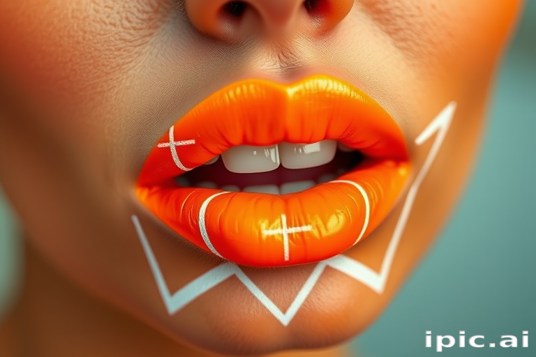 Neon orange lips with abstract geometric patterns in white, dubbed "Citrus Surge," create a bold and energetic look with a semi-matte finish for summer street style