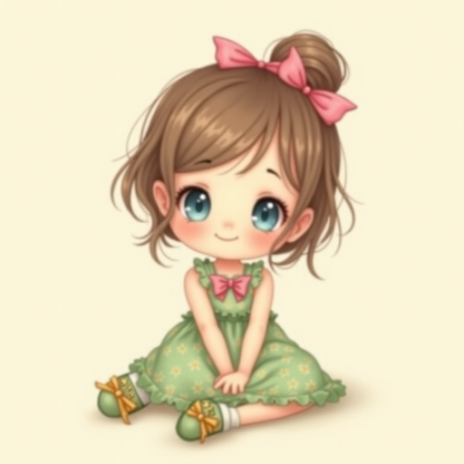 digital illustration of a kid girl with brown hair and blue eyes, sitting on the floor with her legs crossed and her hands resting on her knees. she is wearing a green floral dress with a pink bow on the front and a pair of green shoes with gold ribbon. She has a pink bows on her head. The background is a light beige color with a subtle texture. whimsical and dreamy.The color scheme is soft and muted pastel.