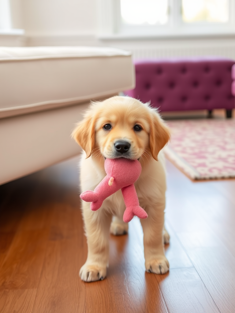 A fluffy golden retriever puppy holding a pink plush toy in its mouth standing on a wooden floor in a bright room with a purple ottoman in the background