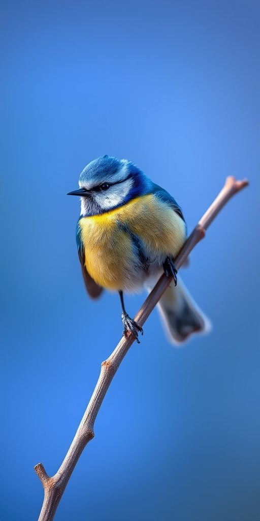 a vibrant blue tit perched on a slender branch against a softly blurred blue background, sharp focus, natural lighting, f/4, 1/250 sec, ISO 200, 85mm lens, DSLR camera, macro photography style