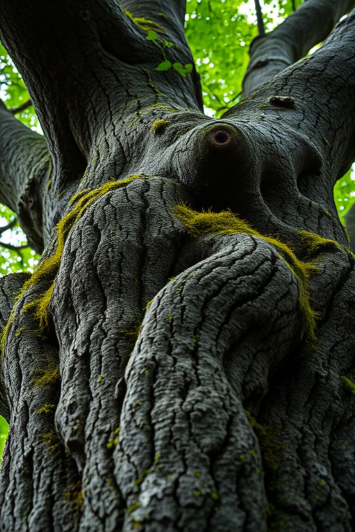 high-resolution image of a gnarled tree with visible textures and moss, taken at a low angle view using a DSLR camera, f/2.8 aperture, 50mm lens, ISO 100, natural lighting, sharp focus on tree details