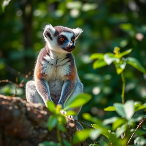 Capture a close-up of a lemur sitting on a rock surrounded by lush greenery, natural light enhancing details, shallow depth of field with a bokeh effect, DSLR camera, 50mm lens at f/1.8, ISO 200, 1/200s shutter speed.
