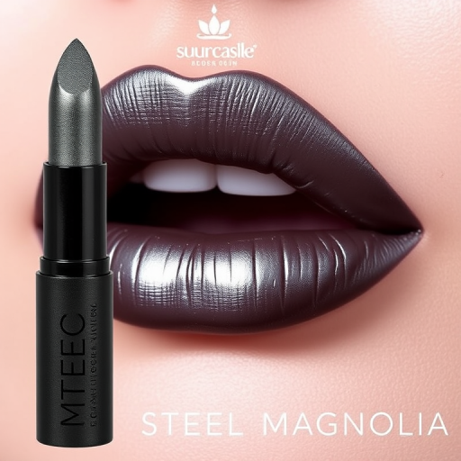 Metallic gunmetal gray lipstick named "Steel Magnolia" with a long-wearing formula and a cool undertone for an edgy, modern look