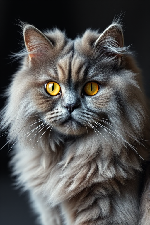 Create a highly detailed portrait of a fluffy gray Persian cat with striking yellow eyes, shot in soft natural light using a Canon EOS R5 with a 50mm f/1.2 lens at ISO 100, aperture f/2.8, and a shallow depth of field for a blurred background, capturing the elegance and texture of the cat's fur against a dark backdrop.