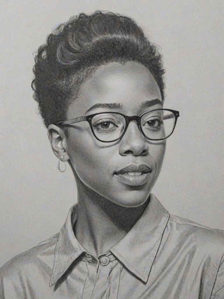 Splendid Samira Wiley, pencil sketch, portrait of Fetching woman 1965s in glasses, hair style beatnik, outline, clear lines, fine lines, 8k