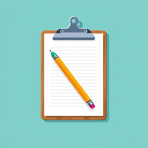 Create a vector-style illustration of a clipboard with a pencil on a teal background, using a Canon EOS R5 camera, 50mm lens, f/2.8 aperture, ISO 100, and soft lighting to enhance image quality.