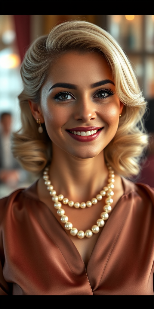 A beautiful Nepali woman reminiscent of 1950s Hollywood glamour, with perfectly styled blonde hair and a seductive smile, dressed in a satin blouse and adorned with pearls, soft and warm tones, photorealistic, 8K