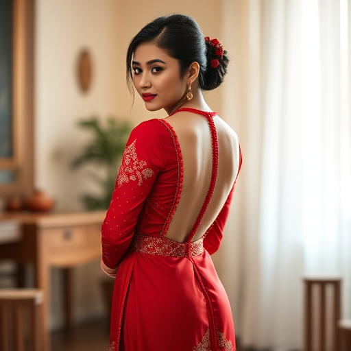 Generate a high-resolution image of a woman in a red traditional dress with a backless design, positioned gracefully in a softly lit indoor setting, using a Canon EOS R5 at f/1.8 aperture, ISO 100, with a 50mm lens and a shallow depth of field to create a bokeh effect in the background.