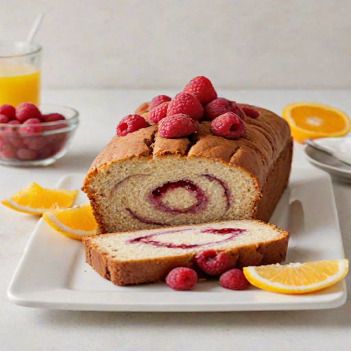 Generate an image of a sliced loaf cake displayed on a white rectangular plate. The cake should have a light yellow color with a smooth white icing on top. In the center of each slice, there should be a layer of dark red raspberry jam. Surround the plate with fresh raspberries and citrus slices, such as oranges and lemons, for a vibrant touch. The background should be a soft, neutral cloth to enhance the presentation.