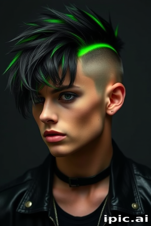 Neon green underlights peeking through a jet black mullet, Electric Rebel cut, featuring a bold contrast between classic punk and modern edge