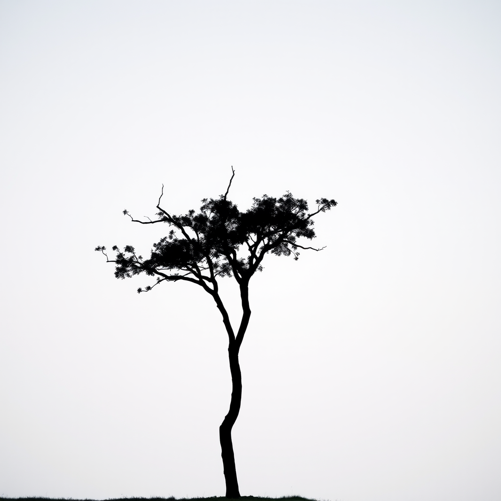 Generate a minimalist black silhouette of a tree with a calm background, shot with a Canon EOS 5D Mark IV at f/11, ISO 100, 1/125 sec, with a 50mm lens in a portrait view for enhanced clarity and detail.