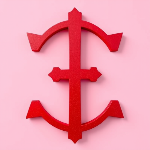 Create a high-resolution digital illustration of a red double cross on a soft pink background, using a DSLR camera with a 50mm lens, aperture set to f/2.8, ISO 100, and shot from a straight-on view for optimal symmetry and detail.
