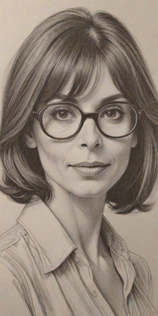 Stunning Talia Shire, pencil sketch, portrait of Resplendent woman 1972s in glasses, hair style beatnik, outline, clear lines, fine lines, 8k