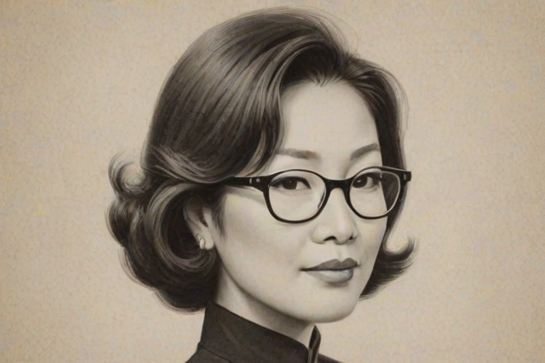 Fascinating Connie Chung, pencil sketch, portrait of Elegant woman 1935s in glasses, hair style beatnik, outline, clear lines, fine lines, 8k