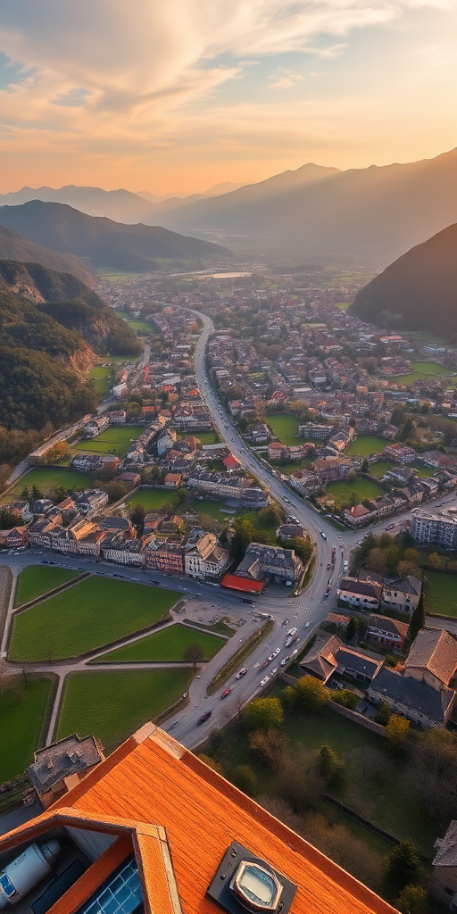 Aerial view of a picturesque town surrounded by mountains, lush green fields, and historical buildings, captured at golden hour with a DSLR camera setting of ISO 200, f/8 aperture, 1/250 sec shutter speed for sharpness, using a wide-angle lens from a high vantage point to enhance depth and detail.