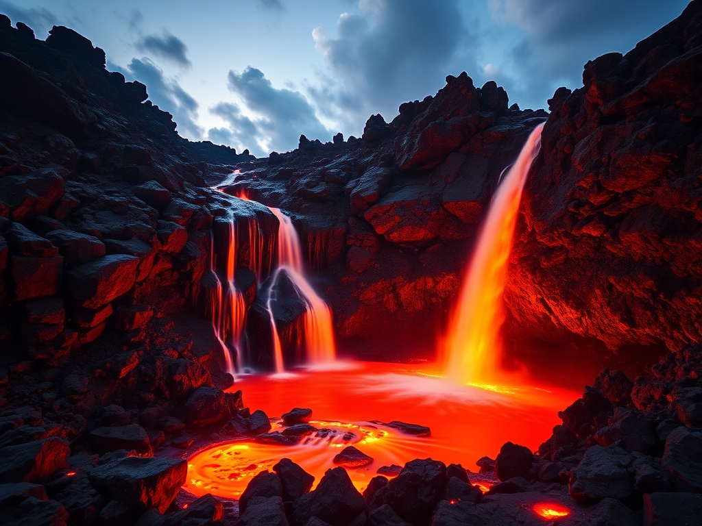 Create a high-resolution image of a lava waterfall cascading down dark volcanic rocks into a glowing lava pool, shot at sunset, using a DSLR camera with a 24mm lens, f/8 aperture, ISO 100, and a shutter speed of 1/250 seconds for vivid colors and clarity.