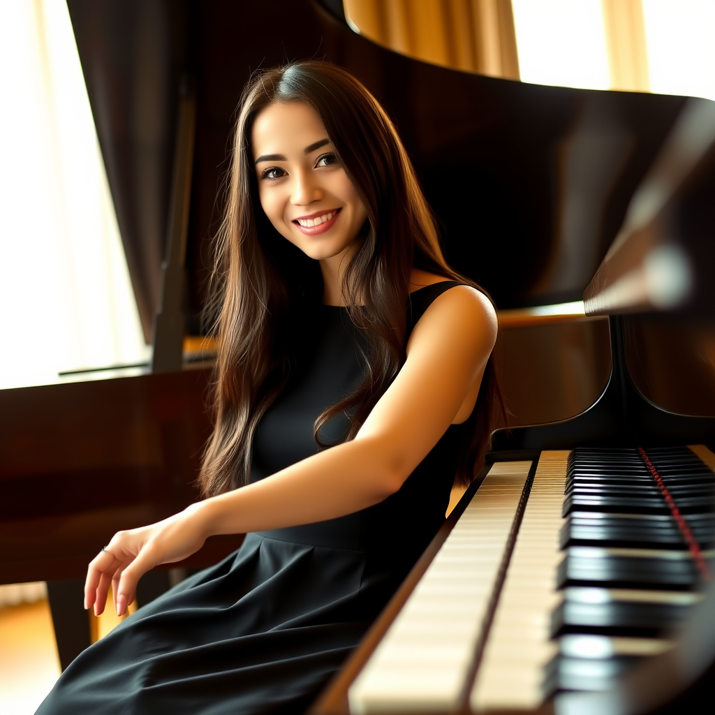 A young woman with long, dark hair smiles at the viewer as she sits at a grand piano, her right hand poised over the keys. The scene is lit by warm, natural light, highlighting the elegant simplicity of the woman's black dress. The perspective is from the side, emphasizing the contrast between the woman's delicate form and the grand scale of the piano. The ivory keys and dark wood of the piano create a striking visual contrast, further emphasized by the rich black of her dress.