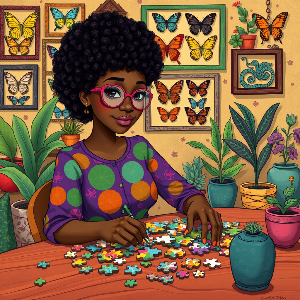 A vibrant and whimsical illustration of an african american woman sitting at a table working on a colorful jigsaw puzzle. she is wearing round glasses, and patterned clothing in shades of purple and green.  The background features an eclectic collection of framed butterflies, potted plants, and other natural elements, creating a warm and inviting atmosphere. The style is playful and modern, with rich textures, intricate details, and a lively color palette.