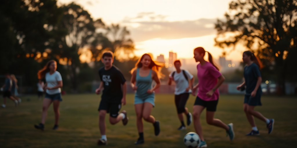 Blurry, candid shot of a group of teenagers playing soccer in a park at dusk, soft shadows stretching across the field, the sound of laughter and playful shouts filling the air, distant city lights twinkling as the sun sets.