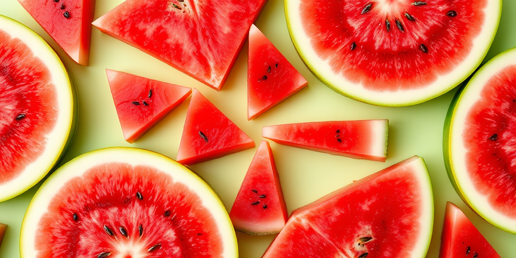 Create a high-resolution image of a patterned design featuring watermelon slices with a light green background, use a Canon EOS R5, 50mm lens, aperture f/2.8, ISO 100, and soft natural lighting to enhance colors and texture.