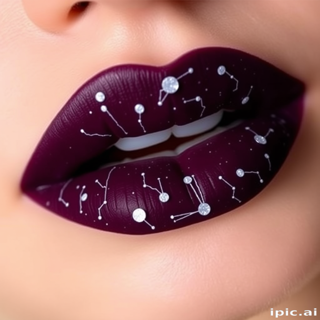 Deep plum lips with constellation designs in white, called "Celestial Dreams," offer a mystical and enchanting appearance with a long-lasting matte finish for stargazing parties