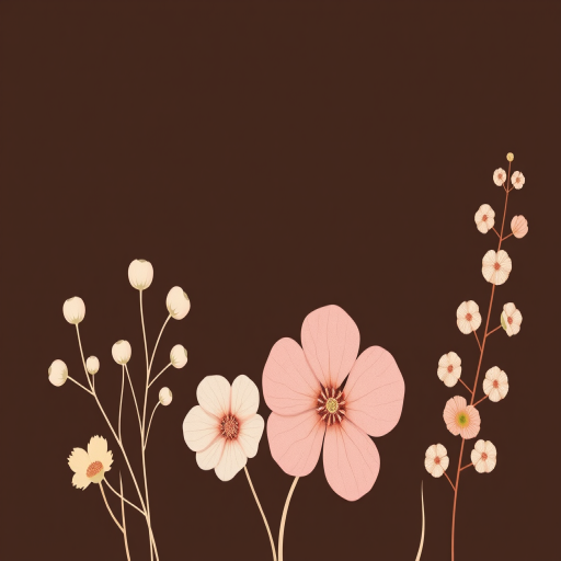generate a minimalistic illustration of stylized botanical elements with soft pastel colors on a dark brown background using a Canon EOS R5 with a 50mm f/1.2 lens, aperture set to f/4, shutter speed 1/125s, ISO 100, top-down view, natural light for enhanced clarity and detail