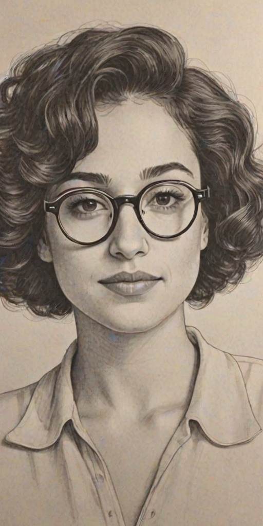 Gorgeous Ilana Glazer, pencil sketch, portrait of Splendid woman 1973s in glasses, hair style beatnik, outline, clear lines, fine lines, 8k