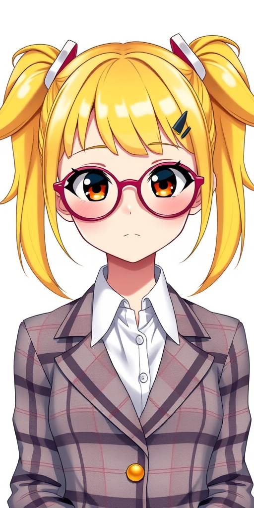 Create a 3D anime character with bright yellow pigtails and glasses, wearing a stylish plaid blazer, in a bright white background, shot with a DSLR camera at f/2.8, ISO 100, and a 50mm lens to enhance depth of field and clarity.