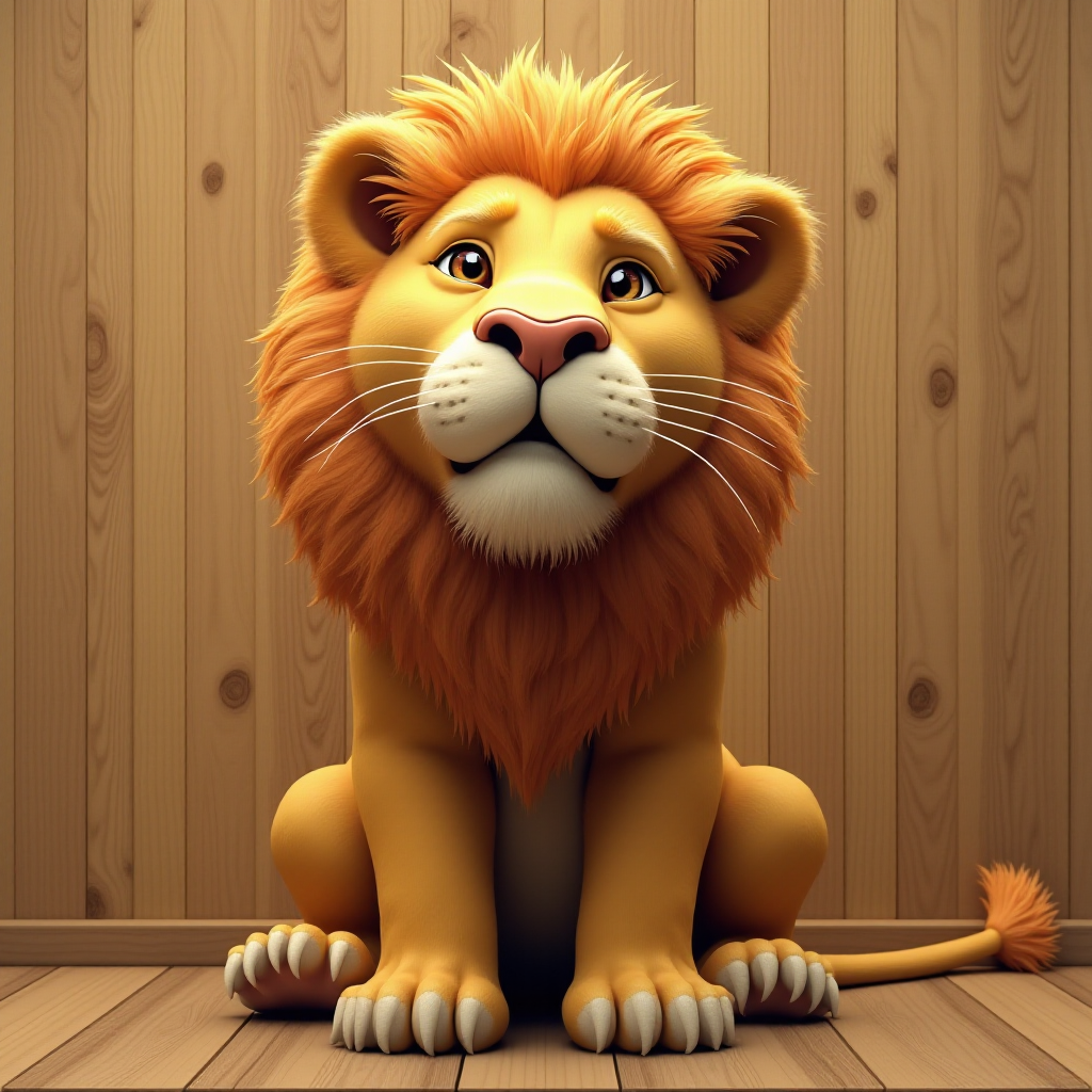 photorealism. a lion, sitting, doing duck face with its lips. plain wood panel bg