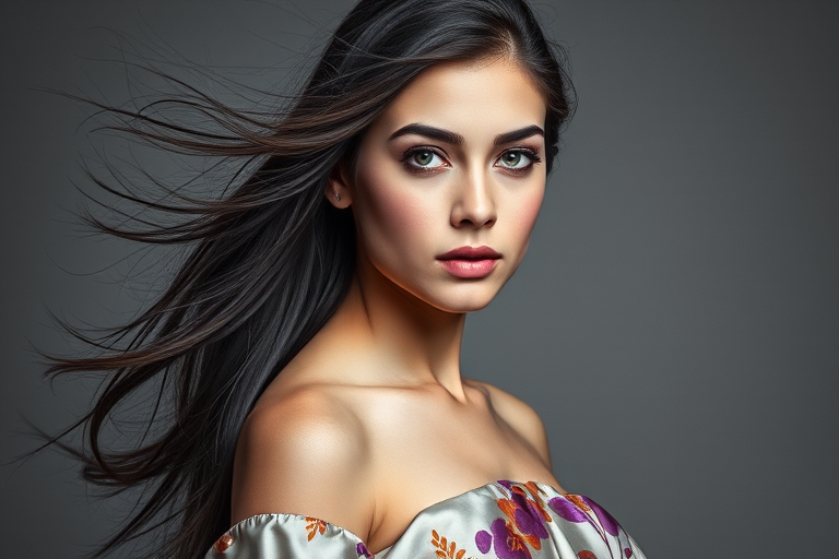 Photographic image of a beautiful young Tajik woman, green eyes, lips with white lipstick, long hair fluttering in the wind and wearing a silk strapless dress with a soft purple and orange print. monochrome image with only color highlights in the iris of the eyes, lipstick and dress. Gray background.