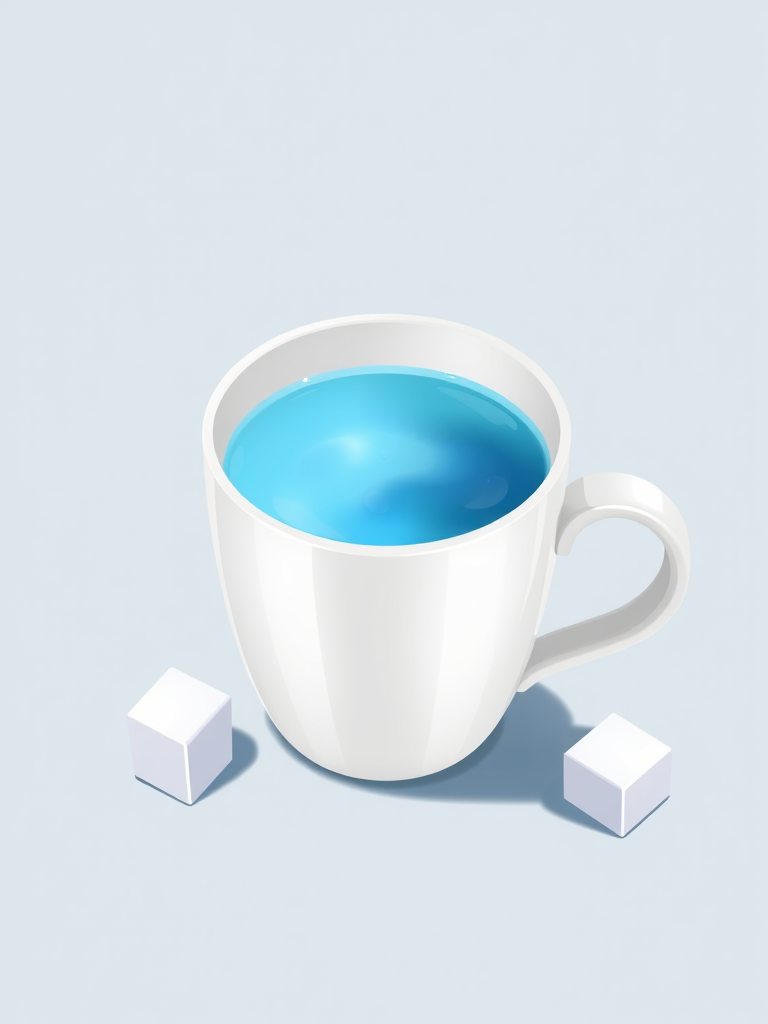 Create a high-resolution digital illustration of a cup with a lid partially open revealing a light blue liquid inside, include two sugar cubes beside it, use a 50mm lens, aperture f/4, ISO 100, with a soft focus background to enhance clarity and detail.