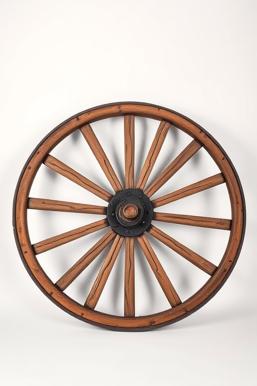 Generate an image of a vintage wooden wagon wheel, captured with a Canon EOS R5, 50mm lens, f/2.8 aperture, ISO 100, in a studio setup with softbox lighting and a white backdrop to enhance detail and texture.