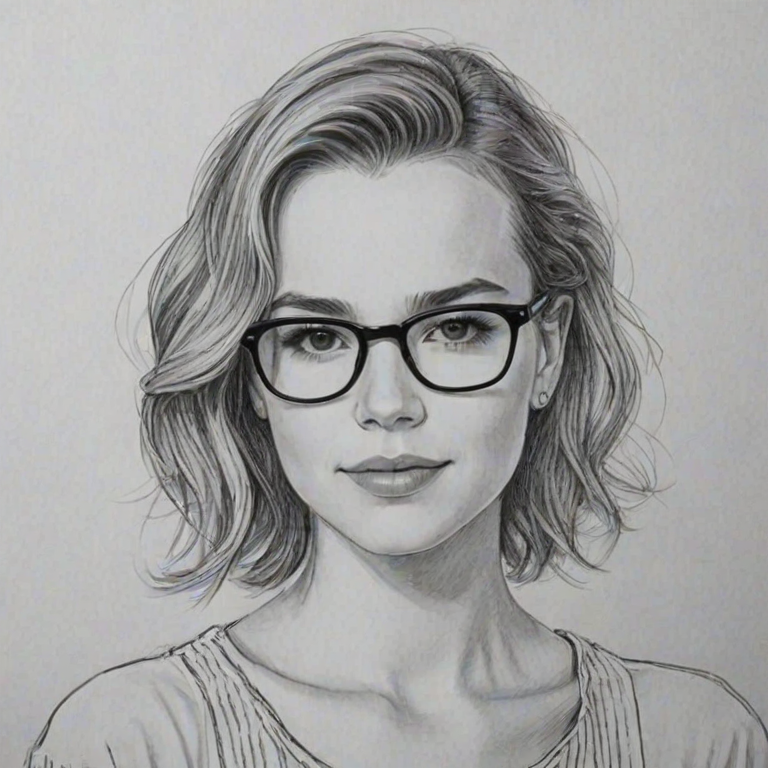 Dazzling Bridgit Mendler, pencil sketch, portrait of Pleasing woman 1921s in glasses, hair style beatnik, outline, clear lines, fine lines, 8k