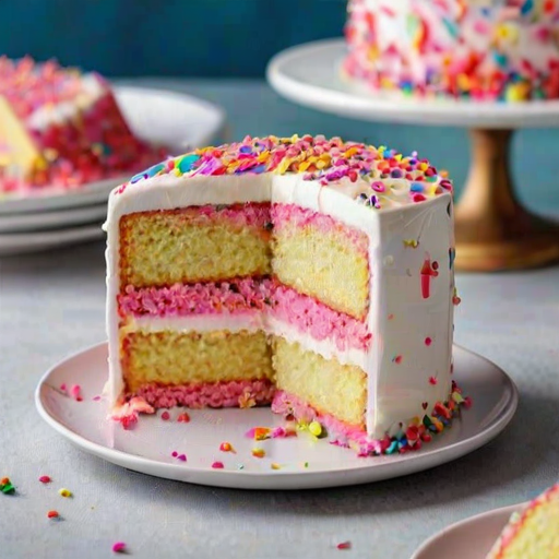 Generate an image of a two-layer white cake with pink frosting drizzled down the sides. The top of the cake is decorated with meringue kisses and colorful sprinkles. A slice of the cake is cut out, revealing a funfetti interior with more sprinkles. The cake is presented on a white plate with scattered sprinkles around it.
