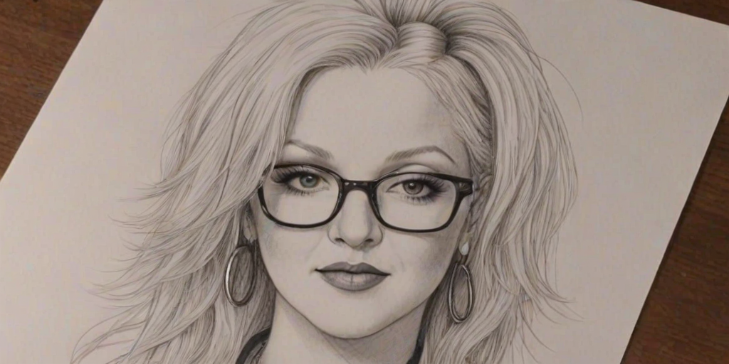 Magnificent Cyndi Lauper, pencil sketch, portrait of Alluring woman 1976s in glasses, hair style beatnik, outline, clear lines, fine lines, 8k