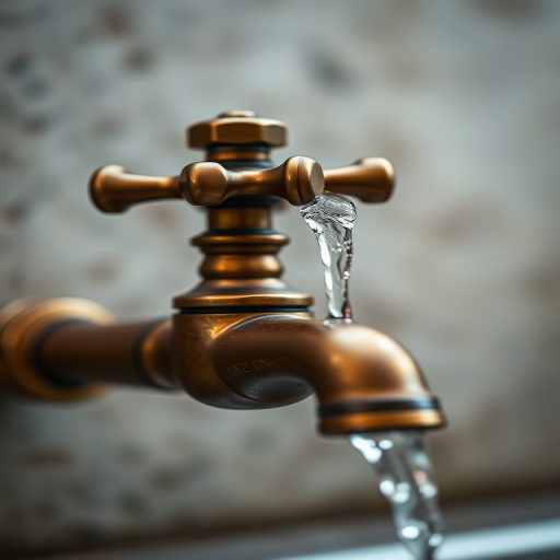 Create a high-resolution image of a vintage brass faucet with water flowing from it, captured using a DSLR camera, 50mm lens, f/2.8 aperture, 1/1000 shutter speed, with a shallow depth of field to blur the background and enhance the faucet's details.