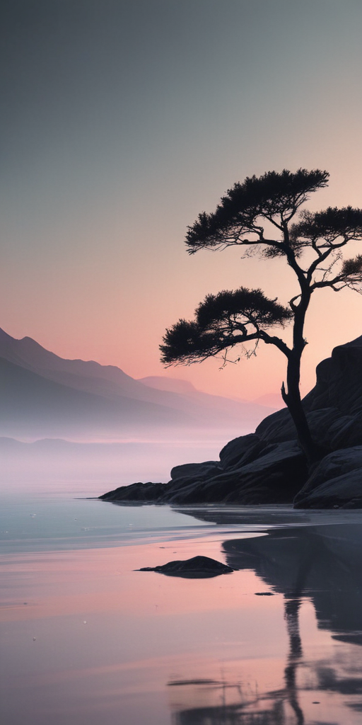 A Serene Sunset Over Calm Waters Featuring a Lone Tree Silhouette.