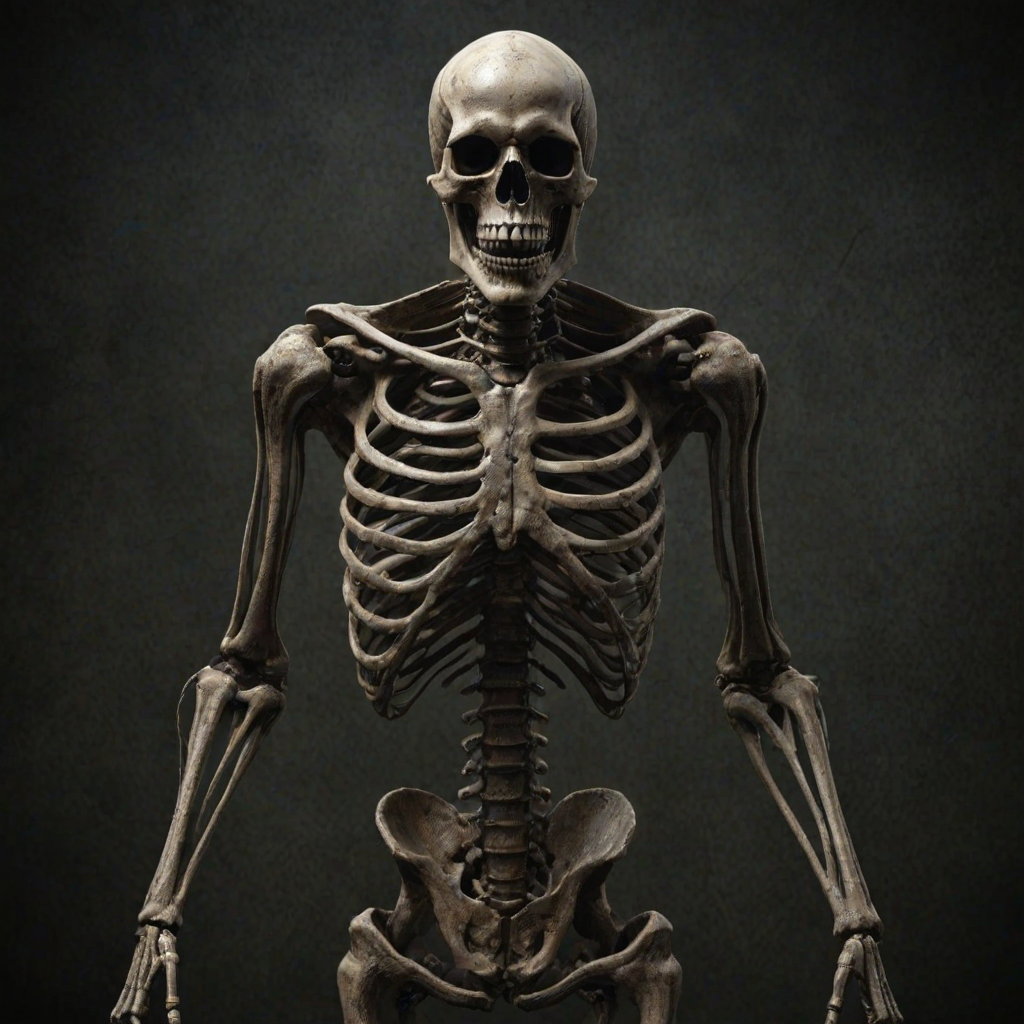 giving it an ancient, humanoid figure, horror theme. The skeleton is a formidable figure with a grinning skull, This is a highly detailed digital CGI rendering of an enormous, The image is a high-resolution photograph of a detailed, giving it a menacing appearance., dark and eerie style, with the rib cage visible beneath the tattered leather.