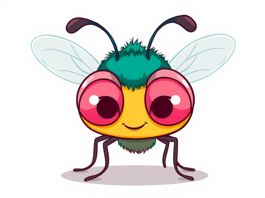 Create a vibrant cartoon illustration of a relaxed cartoon fly with oversized pink eyes and a playful pose, set against a simple background, using a DSLR camera at f/4.0 aperture, 50mm lens, 1/200 sec shutter speed, ISO 100, natural lighting for enhanced clarity and detail.
