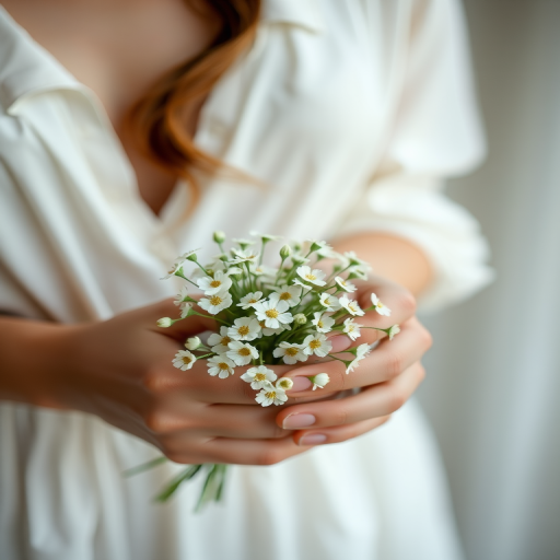 Capture a close-up of a person holding a small bouquet of white flowers, wearing a white dress, focus on the hands and flowers, use a soft natural light, aperture of f/2.8 for a shallow depth of field, shutter speed of 1/200s, ISO 200, taken with a DSLR camera, using a prime lens for sharpness and clarity.