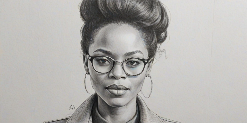 Graceful Zoe Mthiyane, pencil sketch, portrait of Radiant woman 1972s in glasses, hair style beatnik, outline, clear lines, fine lines, 8k