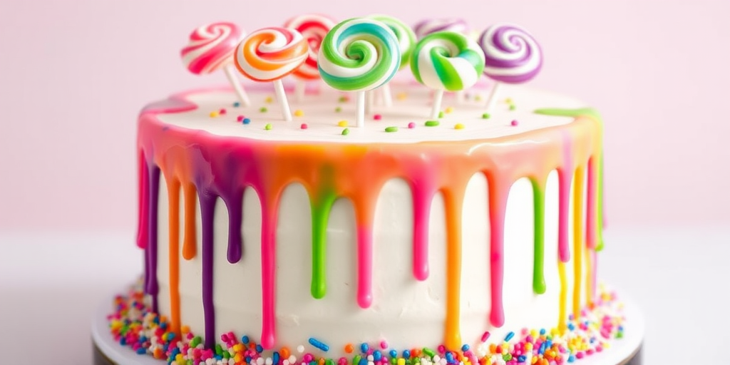 Create a colorful birthday cake with a smooth white frosting covered in vibrant dripping icing in shades of pink, purple, and green. Top the cake with various swirled lollipops in bright colors and add a sprinkle border around the base.