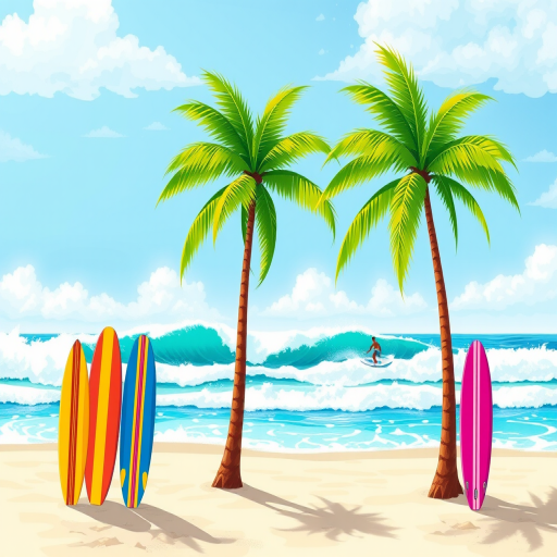 Create a vibrant digital illustration of a tropical beach scene featuring two palm trees, colorful surfboards leaning against a sandy shore, waves crashing in the background, with a surfer riding the waves, using high-resolution settings, wide-angle view, with a bright color palette and sharp details, all designed in a vector art style.